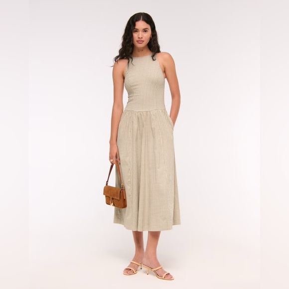 Abercrombie & Fitch Dresses & Skirts - Abercrombie & Fitch Light Brown Check High Neck Drop Waist Sleeveless Midi Dress